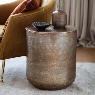 Kadapa Antique Brass Embossed Drum Side Table SO'HOME
