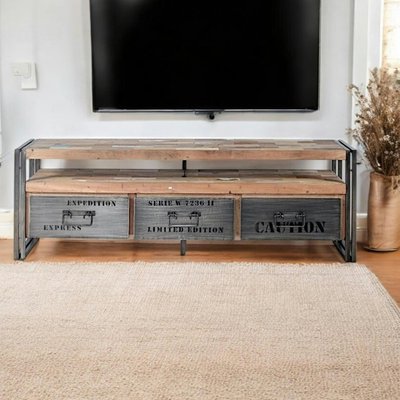 Meuble TV 160cm bois recyclé et métal 3 tiroirs 1 niche style industriel CARAVELLE PIER IMPORT