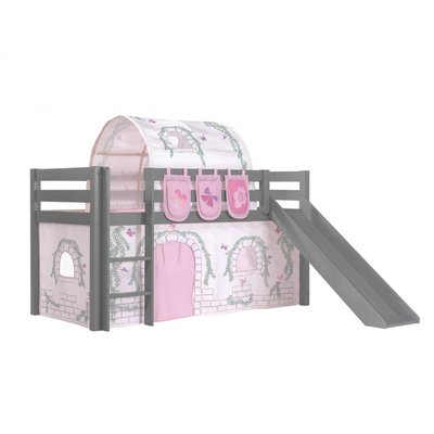 Lit Enfant Surélevé Avec Toboggan Gris + Rideau et tunnel de lit + 3 pochettes birdy VIPACK