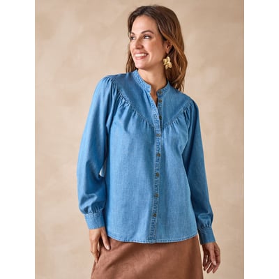 Chemisier Femme été En Coton/lin - Col Mao, Manches 3/4, Coupe Ample Décontractée - Grande Taille, Couleur Unie