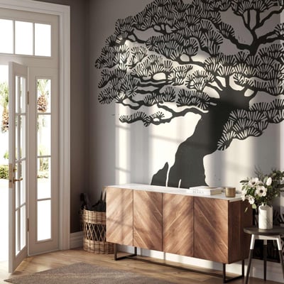 Papier peint panoramique avec Pin et estampes japonaises - 425x260 cm (l x h) LA TOUCHE ORIGINALE
