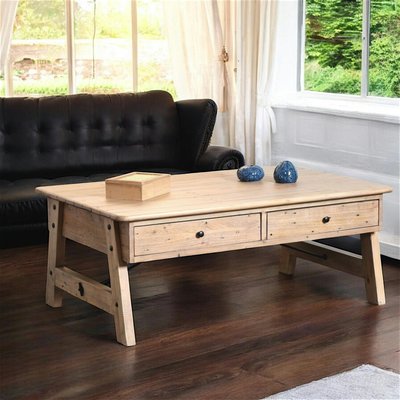 Table basse en bois recyclé naturel style campagnard avec tiroirs et pieds tréteaux 127x81cm SALERNE PIER IMPORT