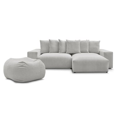 Canapé d'angle fixe 4 places en tissu chiné avec pouf, VOLTAIRE BOBOCHIC