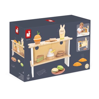 Stand de pâtisseries en bois : 4 biscuits (2 chocolat, 2 nature) - 2 macarons - 2 croissants - 3 gâteaux (abricot, pista JANOD