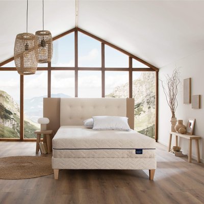 Ensemble matelas naturel ressorts et latex naturel, sommier, pieds, tête de lit, couette et oreiller Aube 600 SOMEO