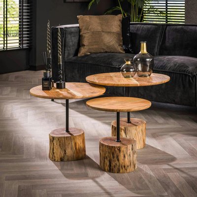 Table d'appoint ronde pied tronc, bois d'acacia (lot de 3) MELBOURNE PIER IMPORT
