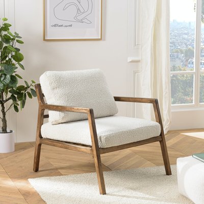 Fauteuil relax en bois coussin tissu bouclette écru TIM PIER IMPORT