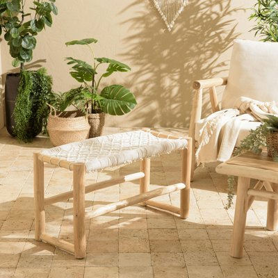 Banc rondins de teck naturel assise macramé blanc MANAK PIER IMPORT