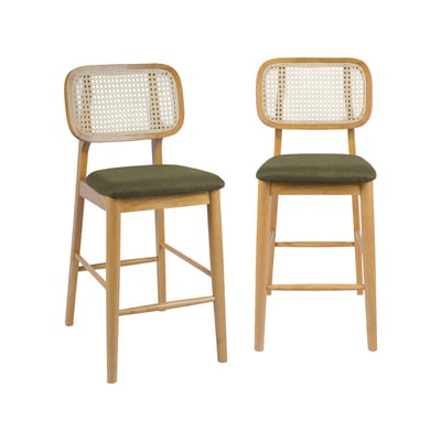 Tabouret de bar bois d'hévéa cannage et tissu 66,5cm (lot de 2) MANI SWEEEK