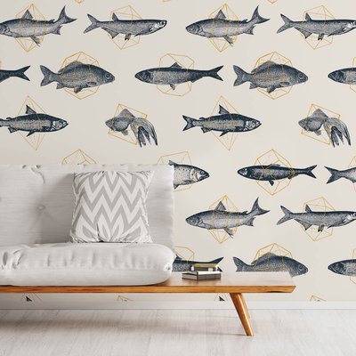 Papier peint poissons en géométrie HEXOA