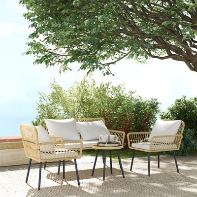 Ensemble salon de jardin 4 pièces canapé 2 places 2 fauteuils table basse coussins OUTSUNNY