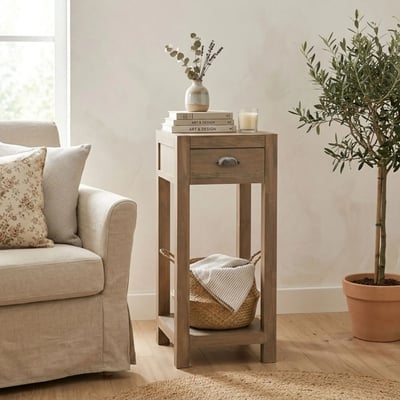 Table d'appoint en bois naturel avec tiroir et tablette H90 - BASTIDE HELLIN, DEPUIS 1862