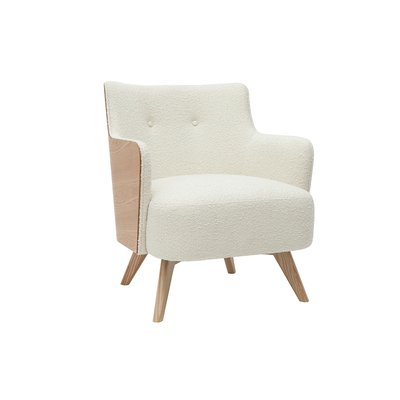 Fauteuil scandinave en tissu effet laine bouclée blanc cassé et bois clair VALMY MILIBOO