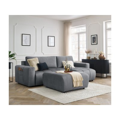 Canapé d'angle convertible 4 places en velours avec pouf, ARSENE BOBOCHIC