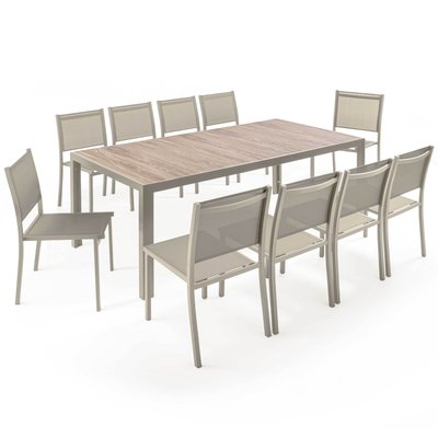 Table de jardin en aluminium et céramique effet bois 206x100 cm et 10 chaises en textilène, TIVOLI OVIALA