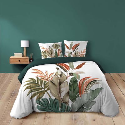 Parure de lit 3 pièces 100 % coton imprimé à motif tropical housse + taies DOUCEUR D'INTÉRIEUR