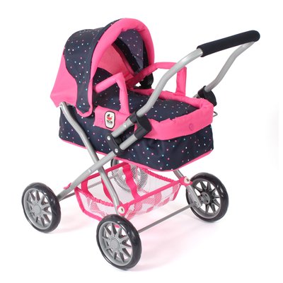 Poussette pour poupée SMARTY Rose bleu marine avec pois BAYER CHIC 2000