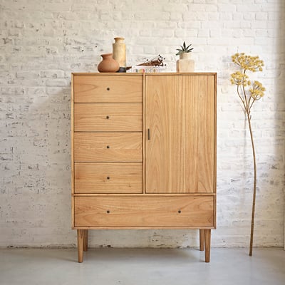 Armoire 1 porte et 5 tiroirs en bois massif  PIA BERAH GETAH