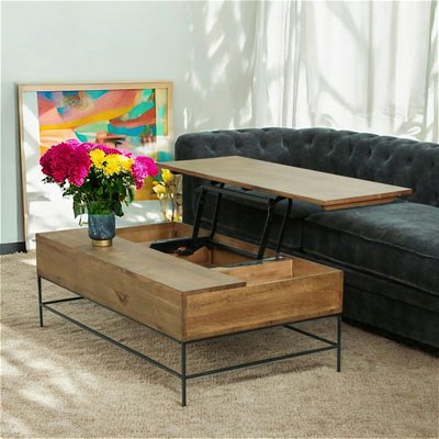 Table basse relevable en bois massif et métal avec rangement style industriel contemporain HUDSON PIER IMPORT