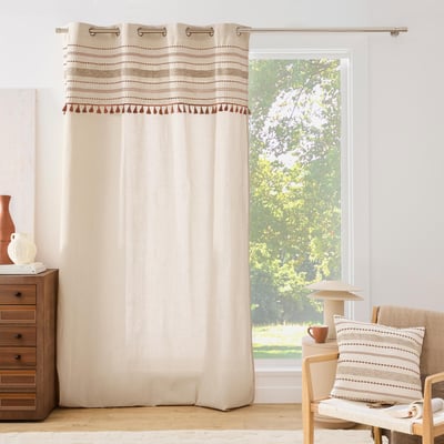 Rideau tamisant à œillets en polycoton tissé avec pompons DOUCEUR D'INTÉRIEUR