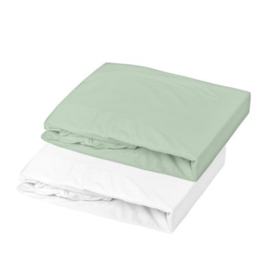 Lot 2 draps-housses jersey 60x120 cm Blanc / Vert de gris DOMIVA