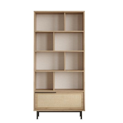 Etagère 9 tablettes et 1 porte décor chêne et impression rotin - H175,6 cm CALICOSY