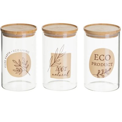 Set de 3 bocaux cuisine en verre avec bouchon bambou WADIGA
