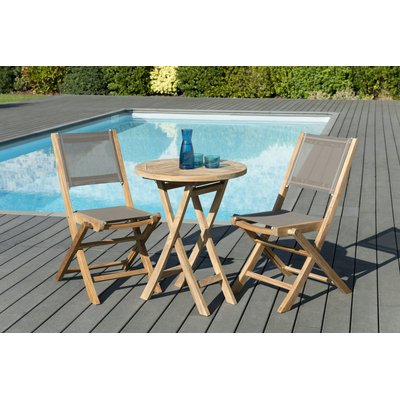 Salon de jardin bois de teck table de jardin pliante ronde 60cm + 2 chaises pliantes textilène SUMMER PIER IMPORT