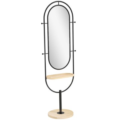Miroir étagère design H.175 cm tablette 4 patères métal noir bois naturel HOMCOM