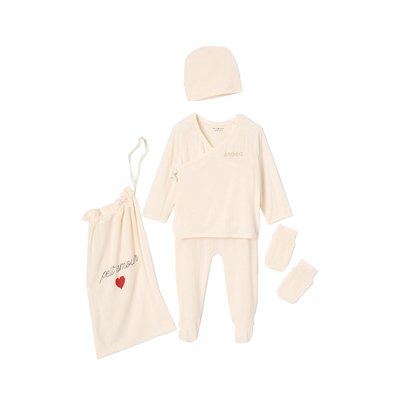Kit naissance 5 pièces : brassière + pantalon + bonnet + gants + pochon ENVIE DE FRAISE