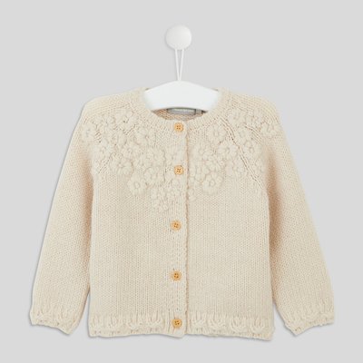 Cardigan manches longues col rond uni broderies fleurs devant contenant de la laine, certifié OEKO-TEX BOUT'CHOU