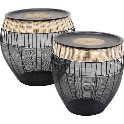 Lot de 2 tables d'appoint en acier et rotin, AFRICAN DRUMS KARE DESIGN