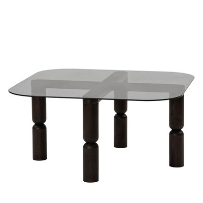 Table basse carrée en verre trempé et bois 80x80cm- COLONIA DRAWER