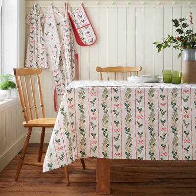 Holly Stripe Christmas Cotton Table Cloth CATHERINE LANSFIELD