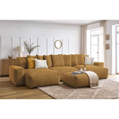 Canapé panoramique convertible 7 places en velours côtelé avec pouf, VOLTAIRE BOBOCHIC