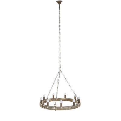 Plafonnier rond en bois  et métal vieilli 9 ampoules 78x78x13cm WADIGA