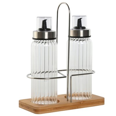 Set huile et vinaigre en verre avec support en métal chromé et bois WADIGA