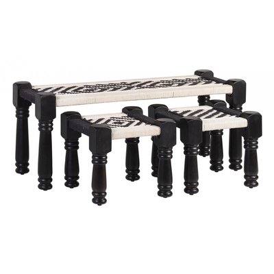 Lots 1 Banc et 2 Tabourets Bois Corde Noir DECORATION D’AUTREFOIS