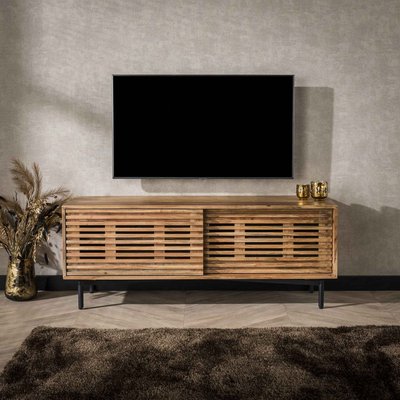 Petit meuble TV en bois à portes coulissantes motif baguette MELBOURNE PIER IMPORT