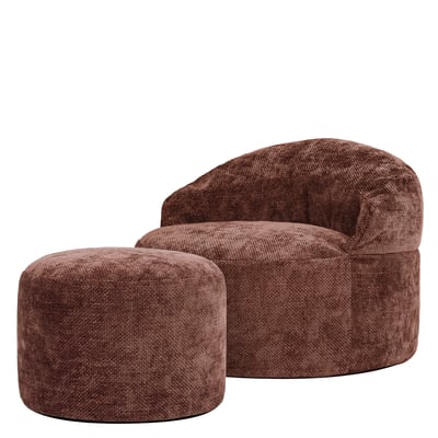 Pouf fauteuil d’appoint décoratif et son repose-pied rond en tissu chenille Oeko-Tex® - ORB ICON