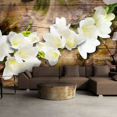 Papier peint intissé panoramique Fleurs Freesia on Wood EDEN