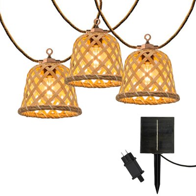 Guirlande lumineuse extérieur raccordable 10 abat-jour naturels en rotin MALY LIGHT HYBRID LED blanc chaud 8m solaire et sur secteur LUMISKY
