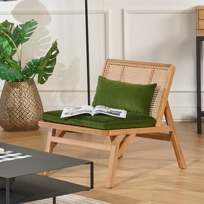 Fauteuil scandinave en chêne, cannage et velours LALALA ROBIN DES BOIS
