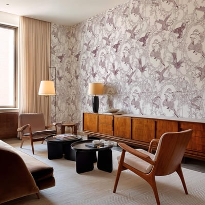 Papier peint art déco avec oiseaux seigneurial - 255x260 cm (l x h) LA TOUCHE ORIGINALE