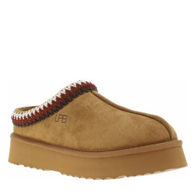 Mules camel à talon compensé bas avec couture apparente et paillettes LPB Les P'tites Bombes