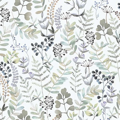 Papier peint herbier aquarelle tons bleutés fond blanc HEXOA