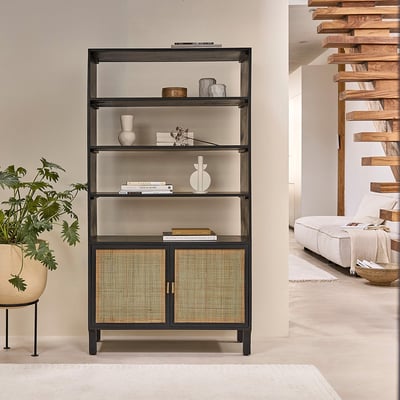 Bibliothèque en bois de manguier et cannage  BLAISE BERAH GETAH