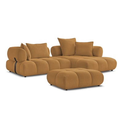 Canapé d'angle fixe 4 places en tissu bouclette avec pouf, ALYA BOBOCHIC