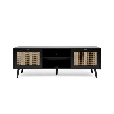 Meuble TV 2 Portes Impression Cannage et Noir L150 x H52 cm - VILLA CALICOSY