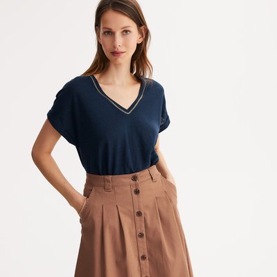 V-Neck Linen T-Shirt with Short Sleeves ANNE WEYBURN